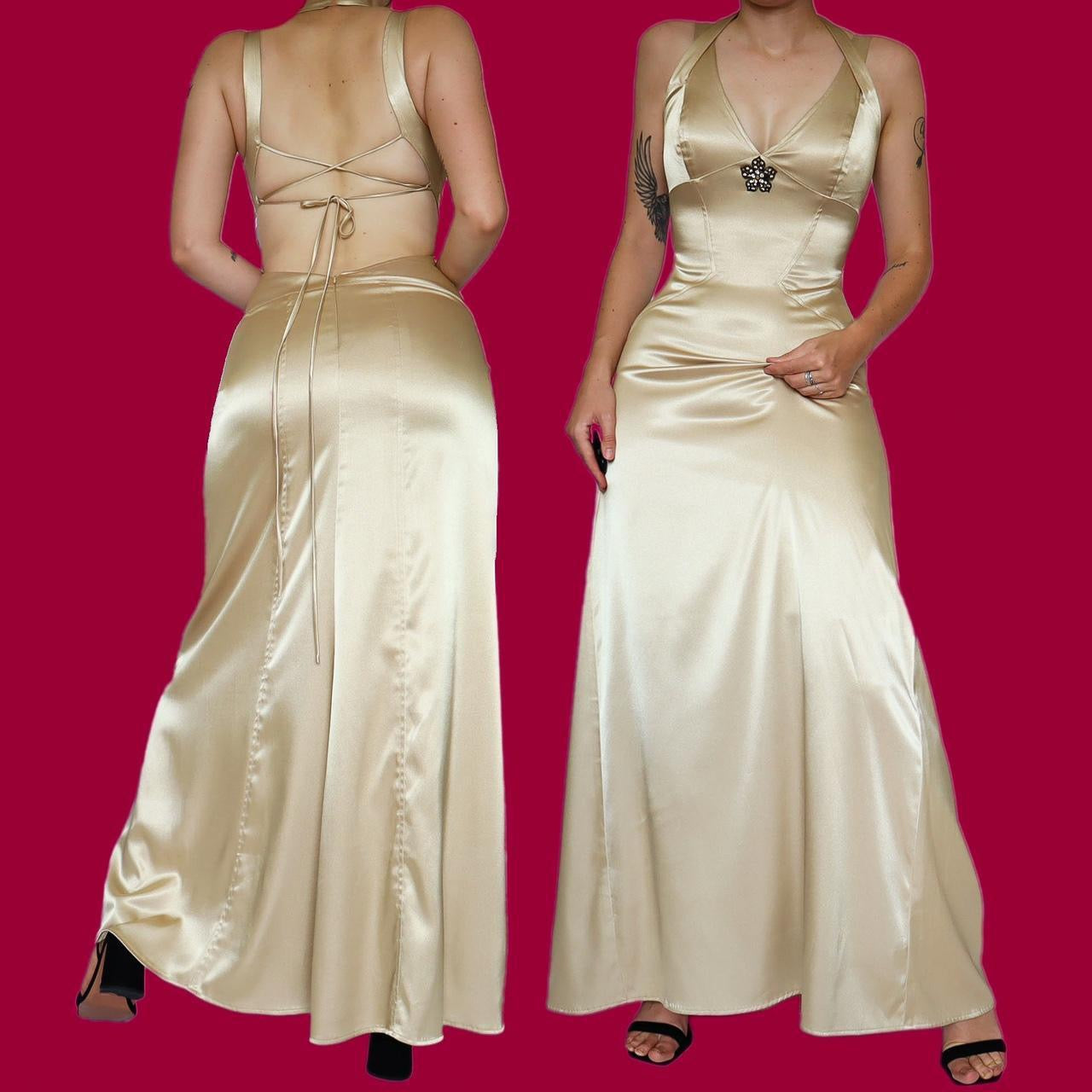 Silky gold satin stretch evening dress UK 10