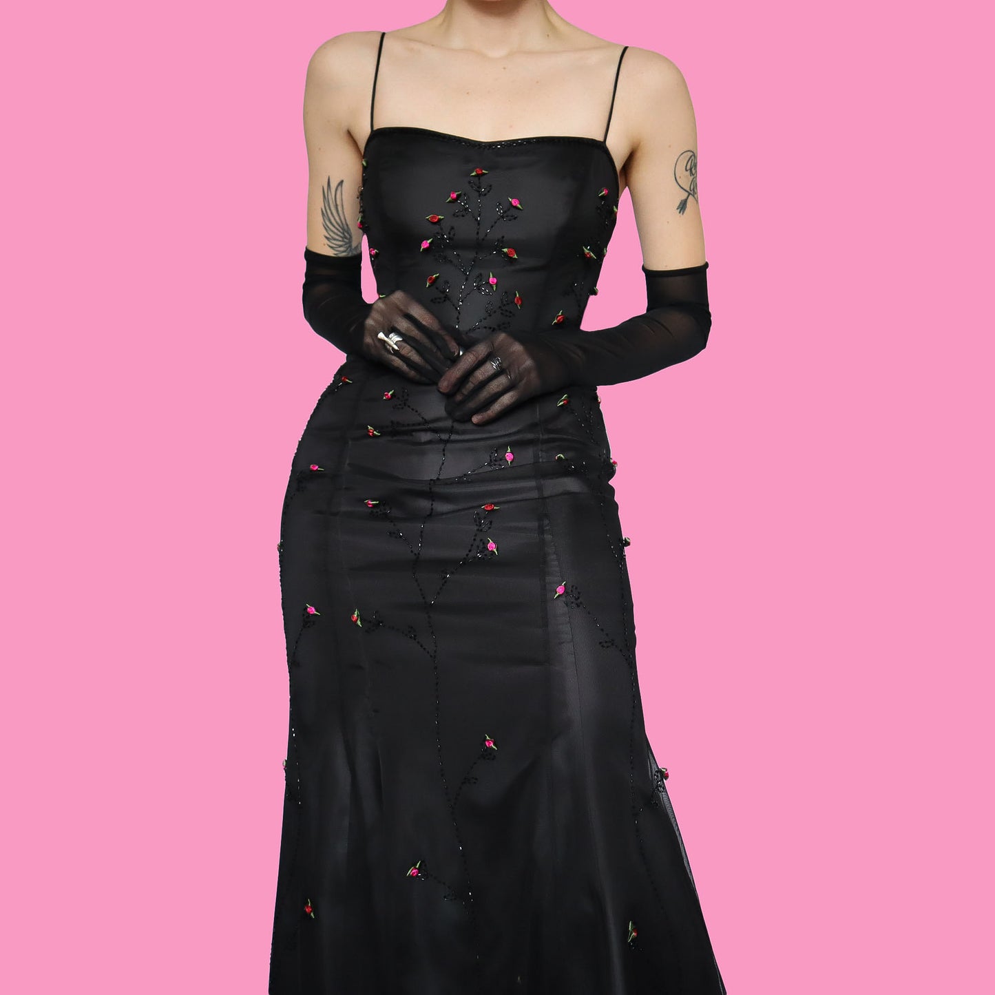 Black beaded rose evening dress UK 10