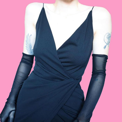 90s black wrap style evening dress UK S