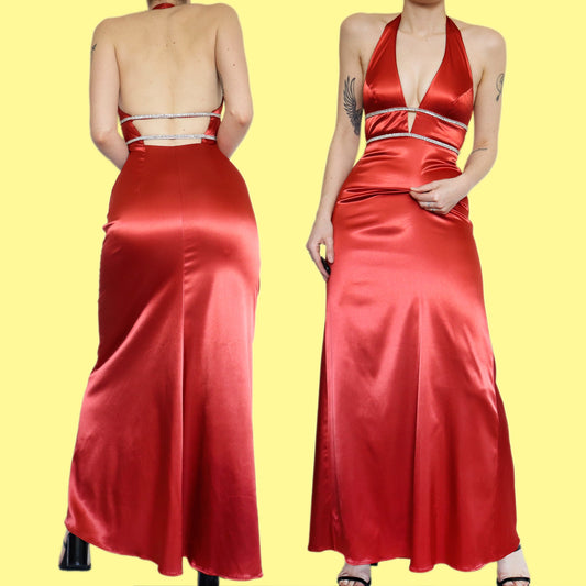 Beautiful orange satin diamanté evening dress size UK 12