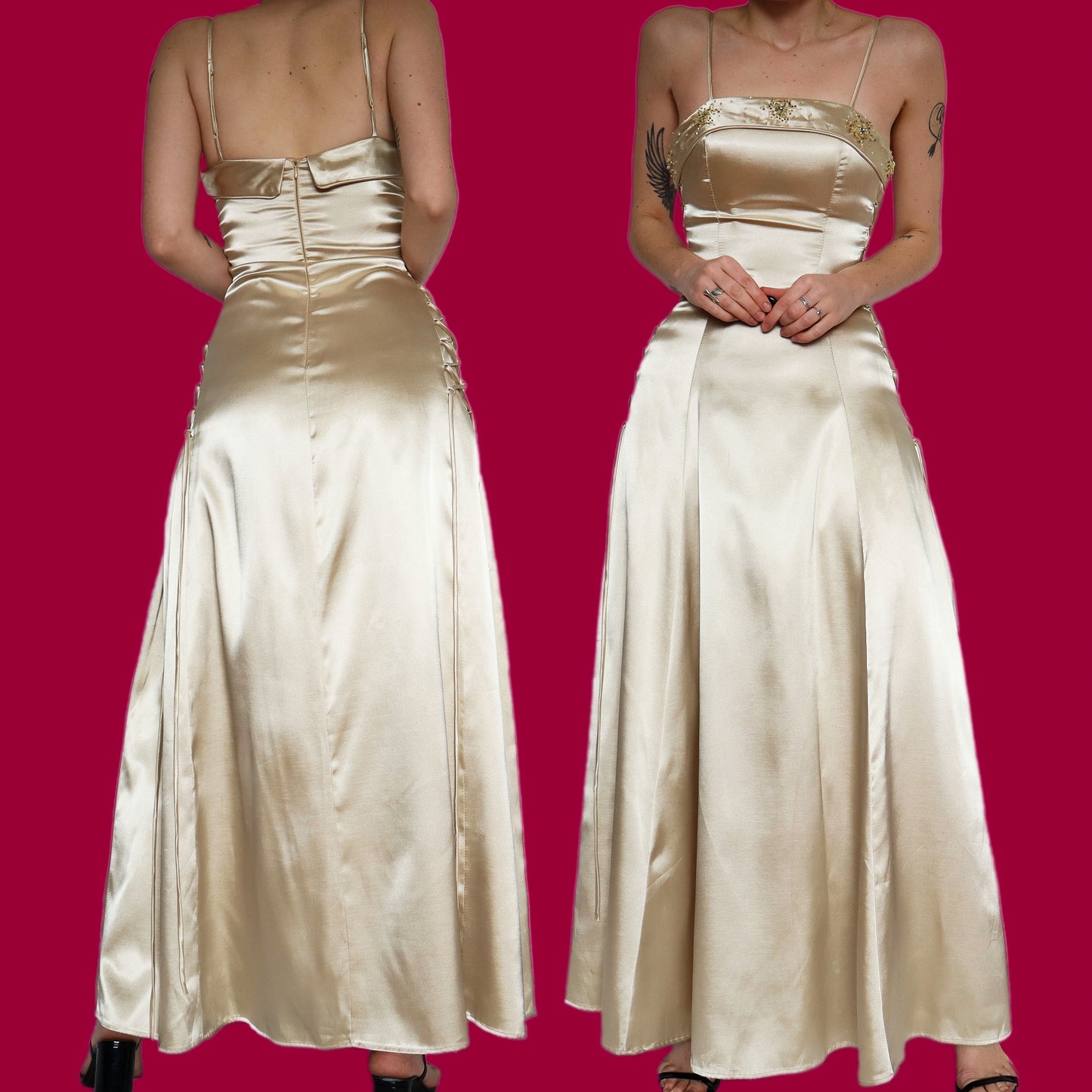 Beautiful silky gold lace up evening dress UK 8