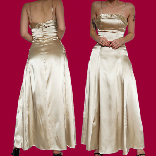 Beautiful silky gold lace up evening dress UK 8