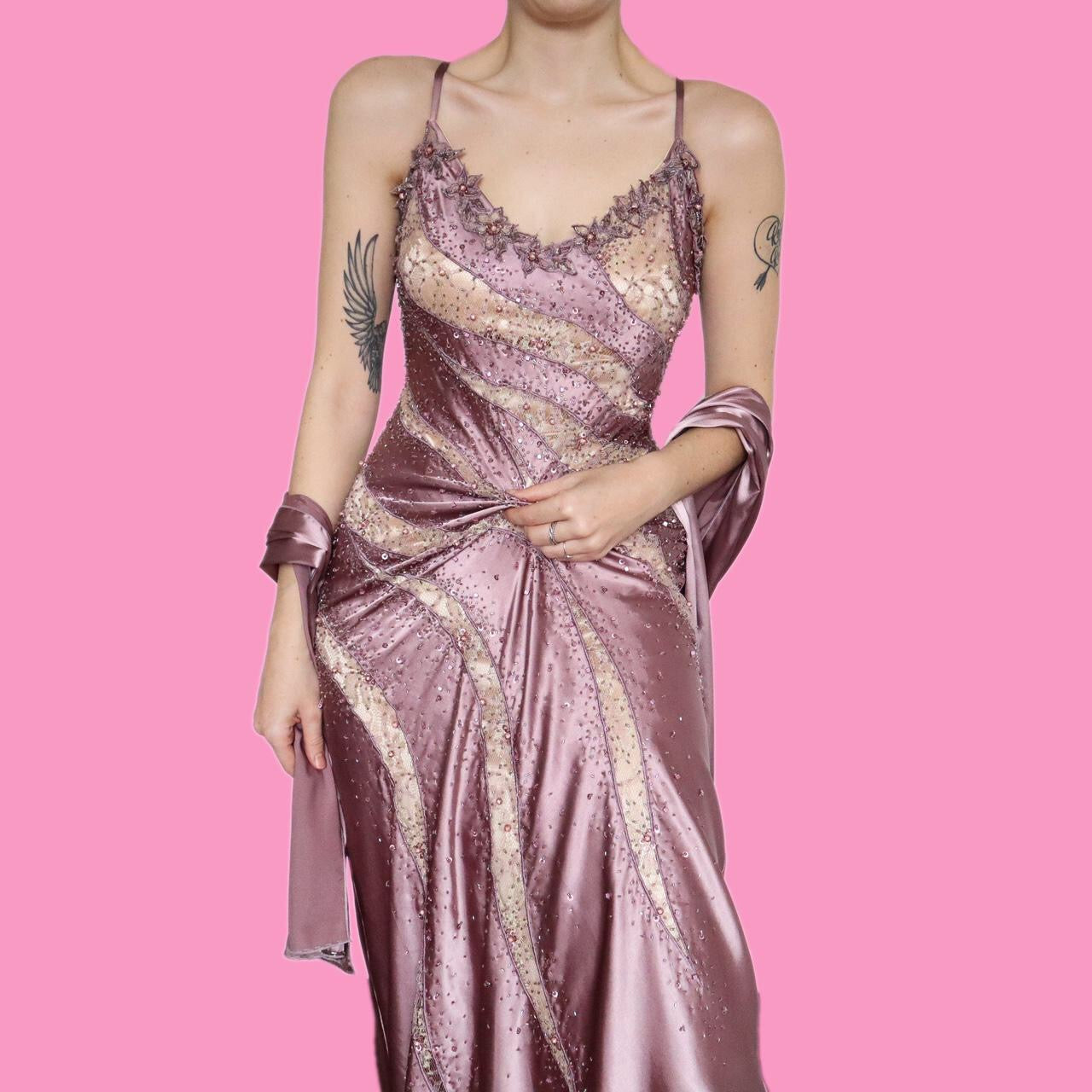 Stunning silky lilac beaded/lace evening dress with shawl UK S