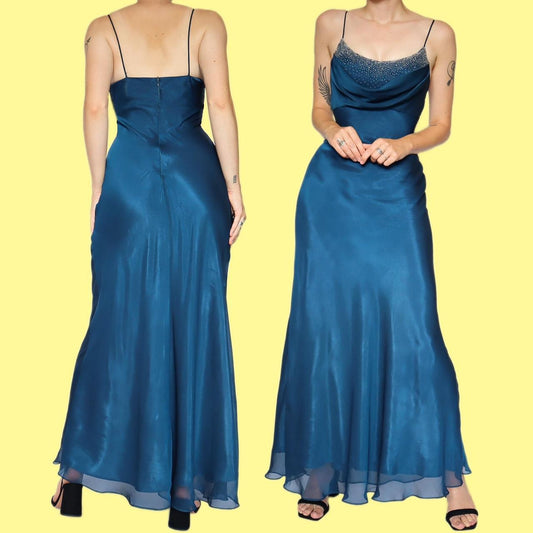 Blue Beaded Chiffon Slip Evening Dress UK 8