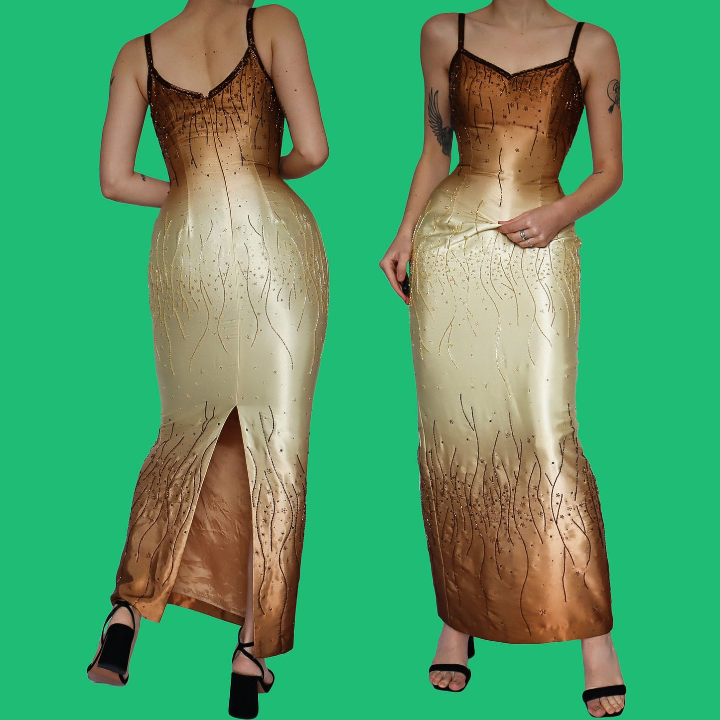 Golden YVE beaded fitted evening dress UK 10
