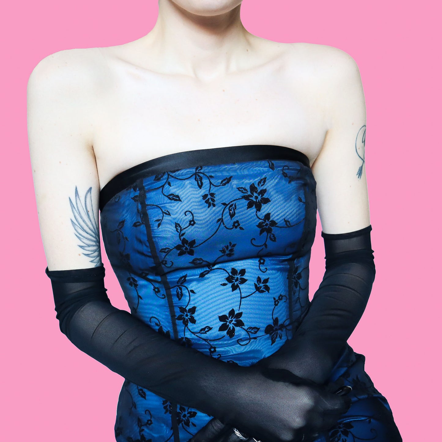 Blue floral glittery strapless evening dress UK 10