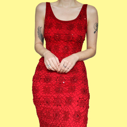 Stunning red crochet sequin stretch evening dress UK M