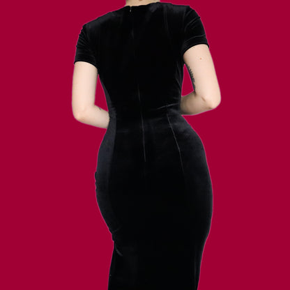 Super chic black velvet stretch midi dress UK 14