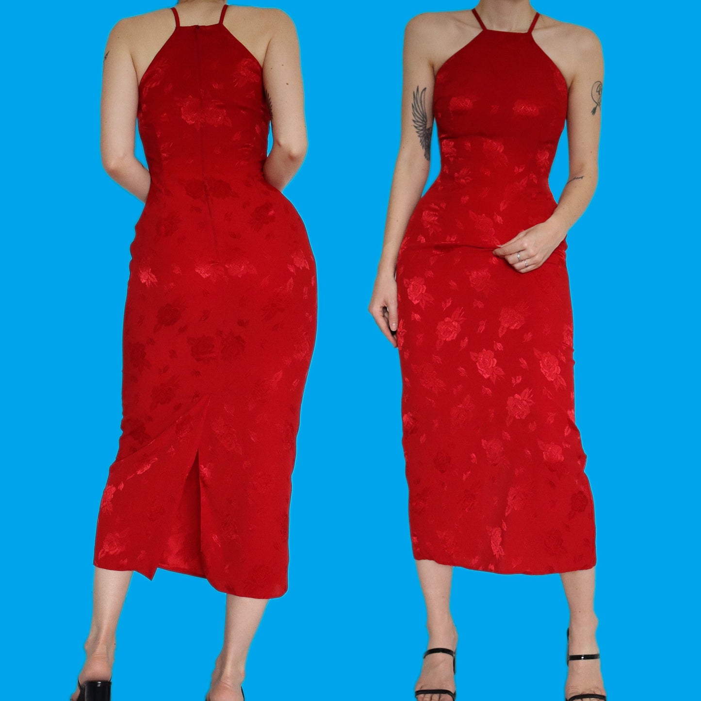 Beautiful fitted red floral evening midi dress UK 10