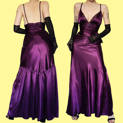 Purple satin beaded evening prom dress UK 8