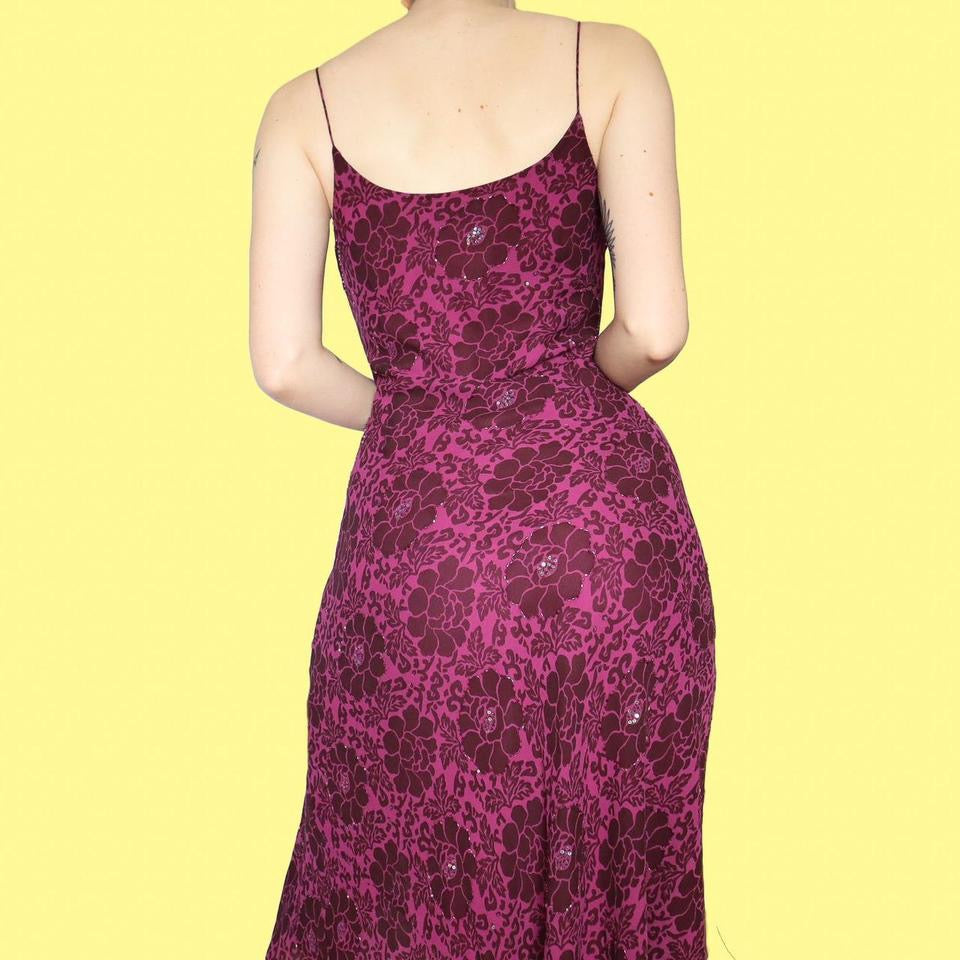 Purple 100% silk floral midi dress UK 12