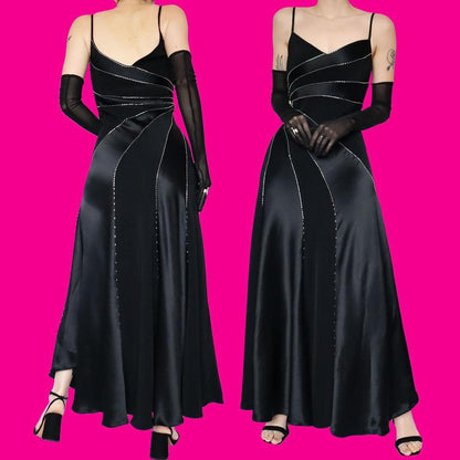 Black beaded satin slip evening dress UK 10