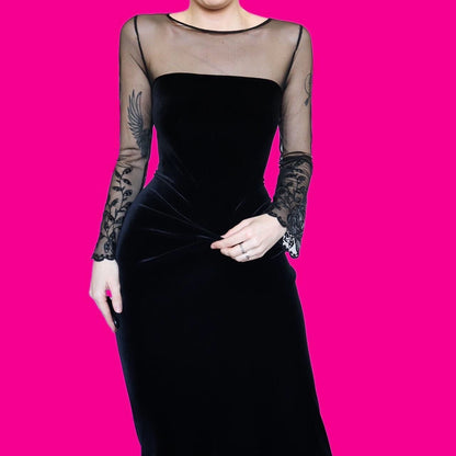 Chic black velvet stretch evening dress UK 14