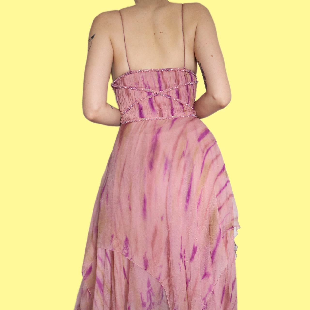 Stunning After Six petite 100% silk pink chiffon layered dress UK 12