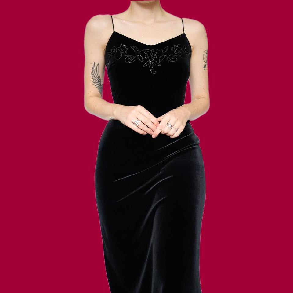Petite black velvet stretch evening dress UK 8