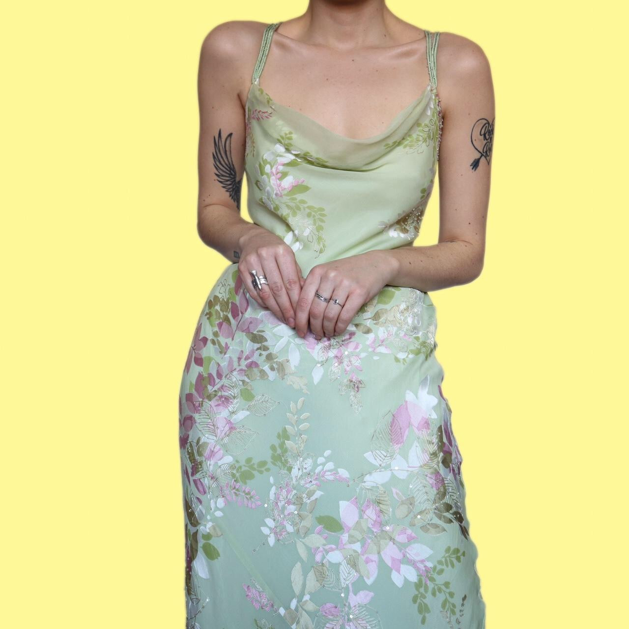 Beautiful pale green silk blend floral evening dress UK 16