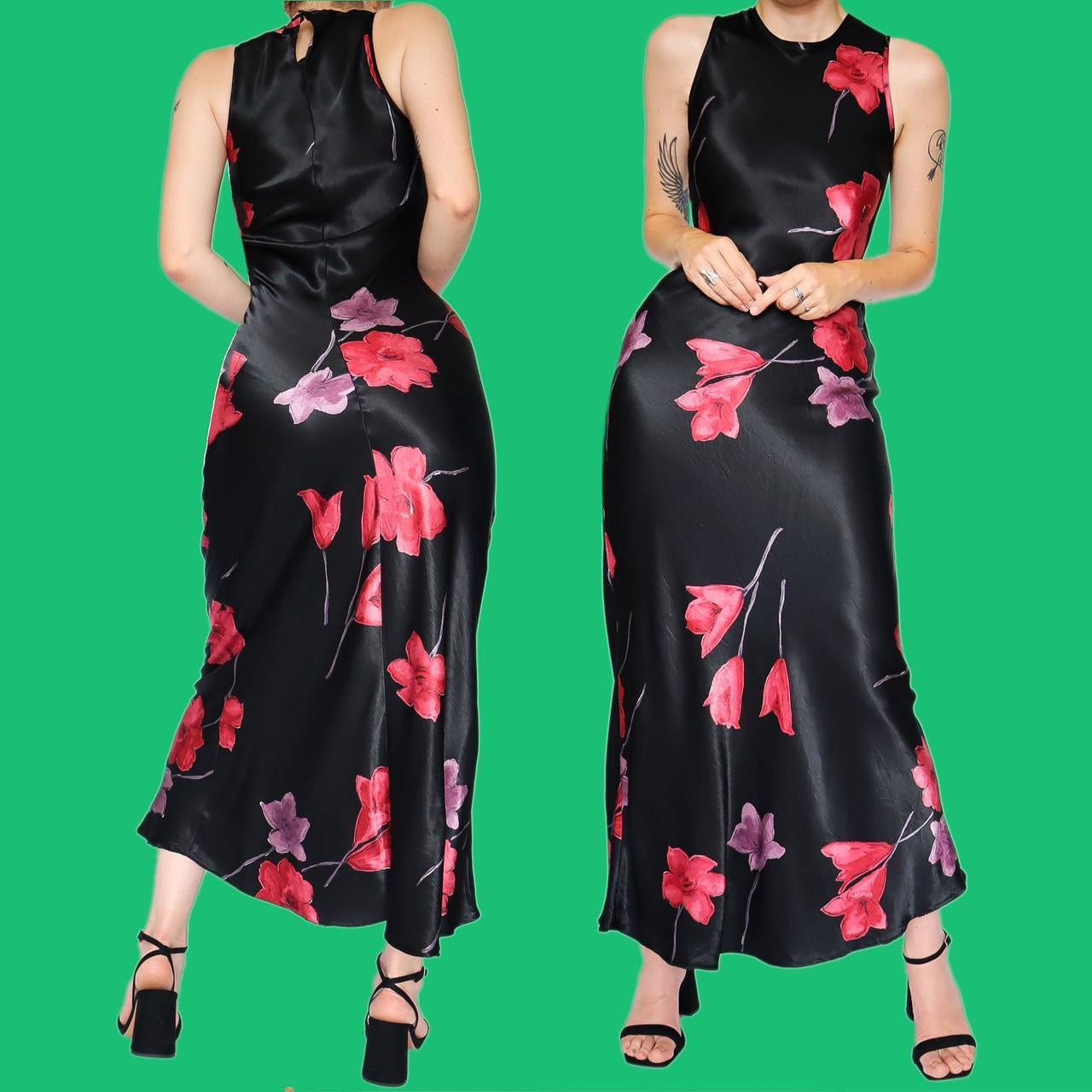 Beautiful silky black floral evening dress UK 12