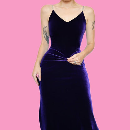 Purple velvet diamanté evening dress UK 12