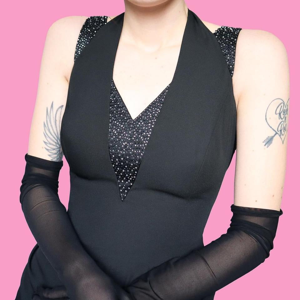 Black beaded fitted evening dress UK 14