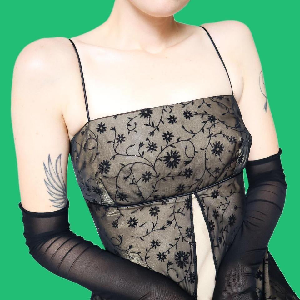 Gold & black floral slip evening dress UK 8