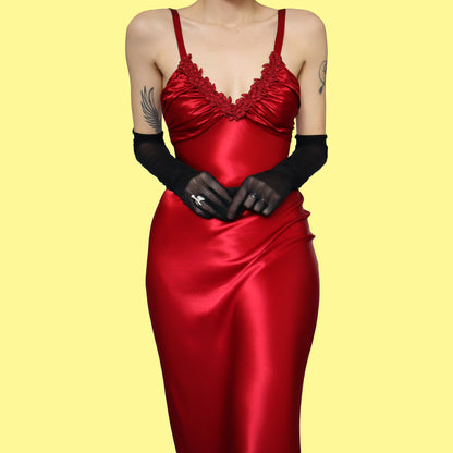 Silky red open back evening dress UK 8