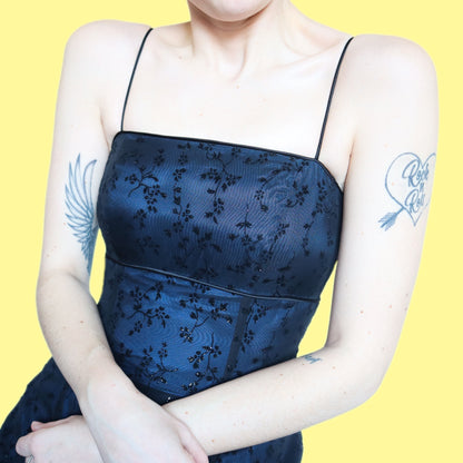 Beautiful blue glitter floral a line evening dress UK 8