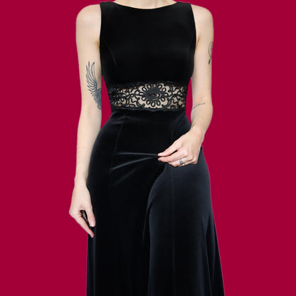 Beautiful black velvet a line sheer waist evening dress UK 12