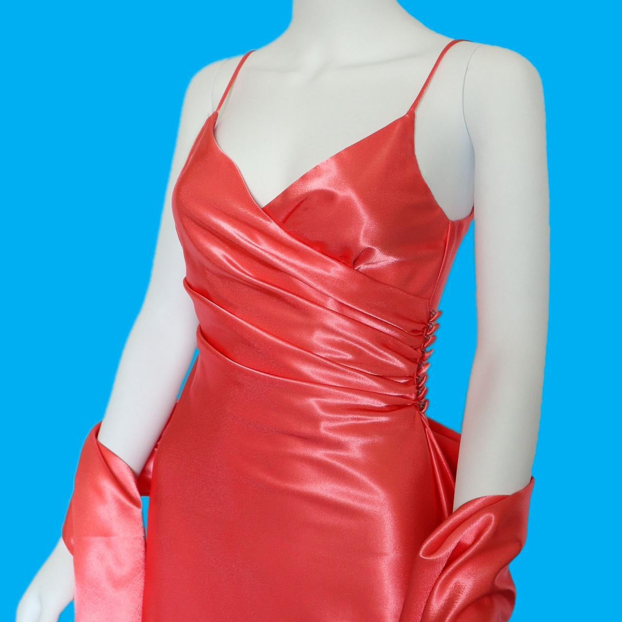 Silky satin coral evening dress with shawl UK 6