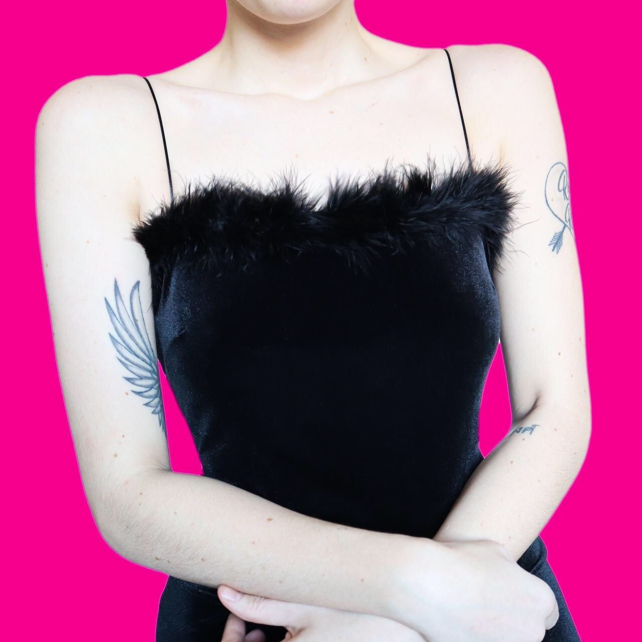 Super cute black velvet stretch fluffy evening dress UK 14