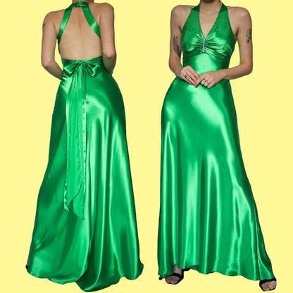 Silky green diamanté evening dress UK 8