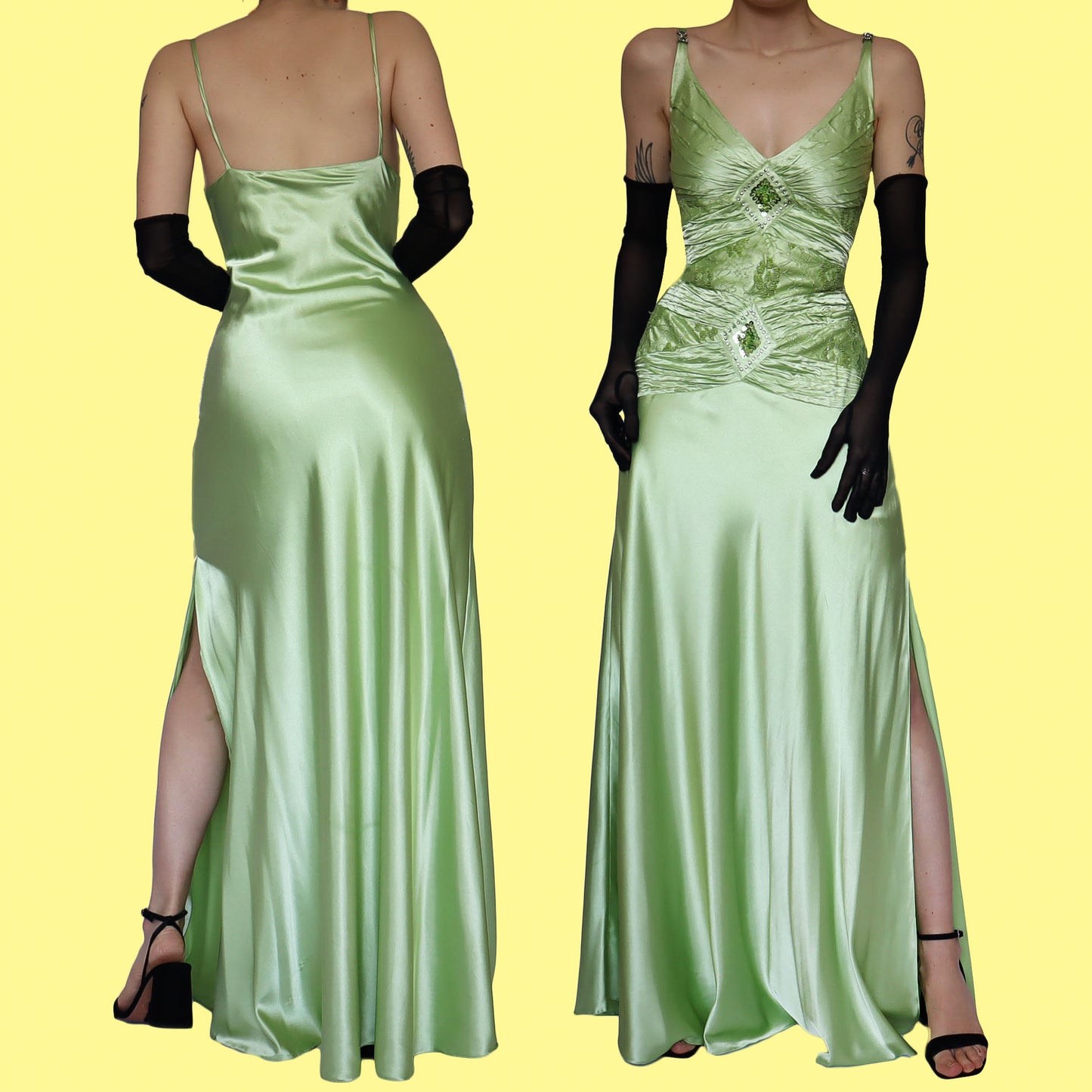 Green satin lace evening dress UK 14