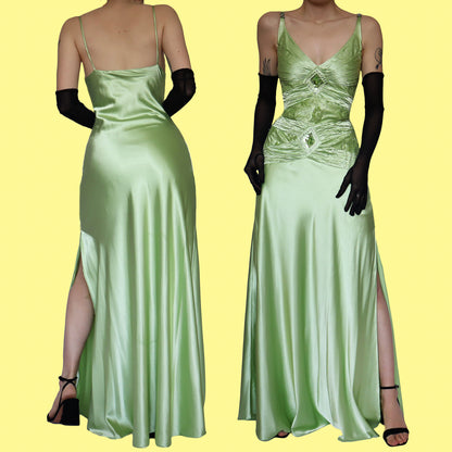 Green satin lace evening dress UK 14