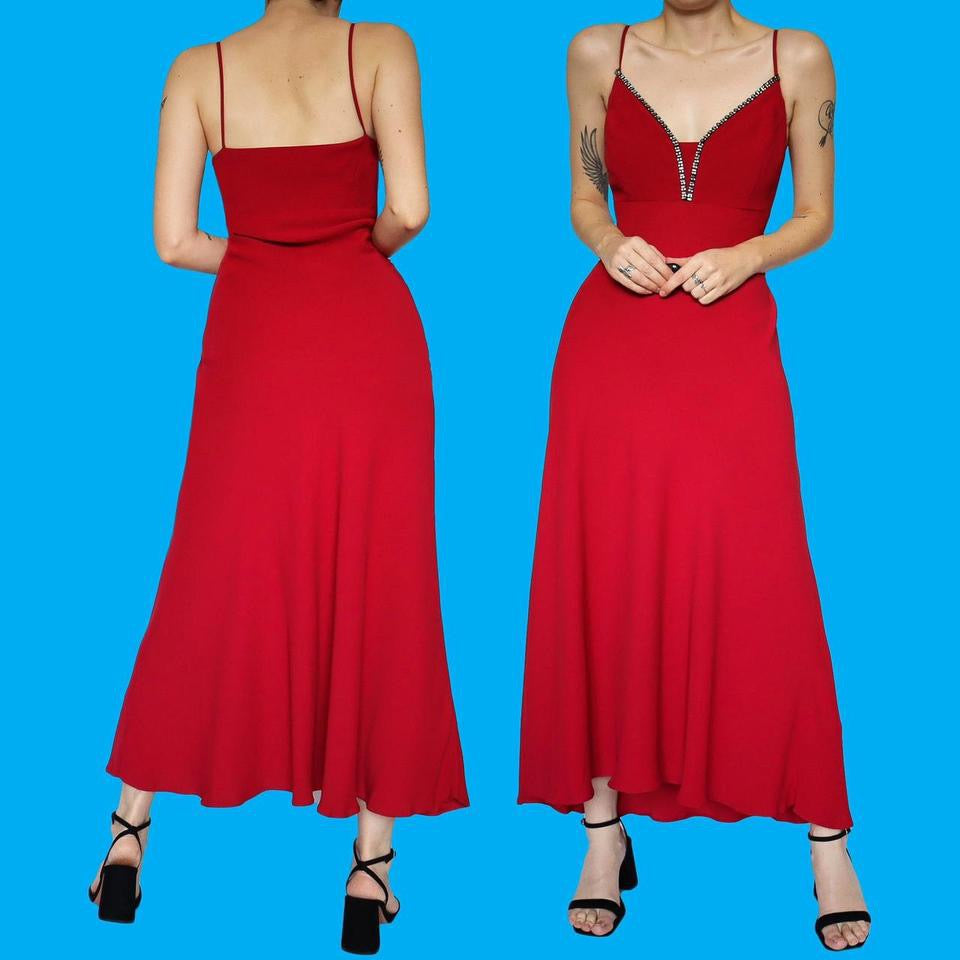 Red flared slip evening dress UK 16