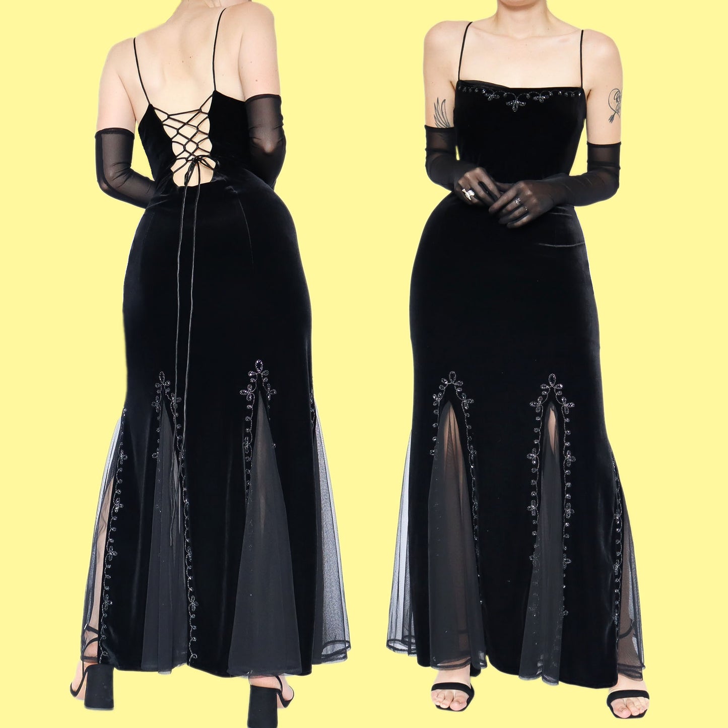 Beautiful black velvet stretch lace up evening dress UK 10