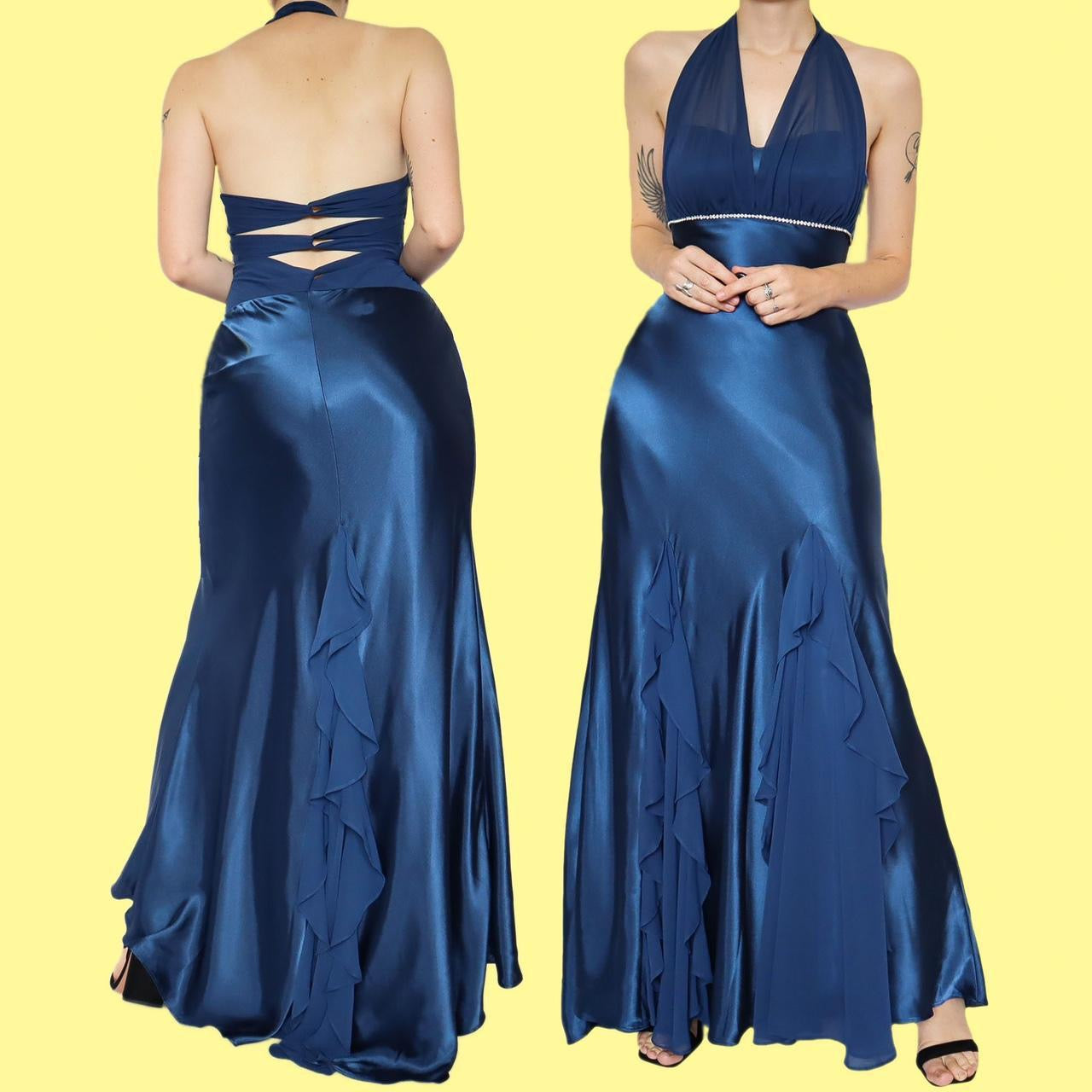 Blue satin diamanté halter neck evening dress UK 10