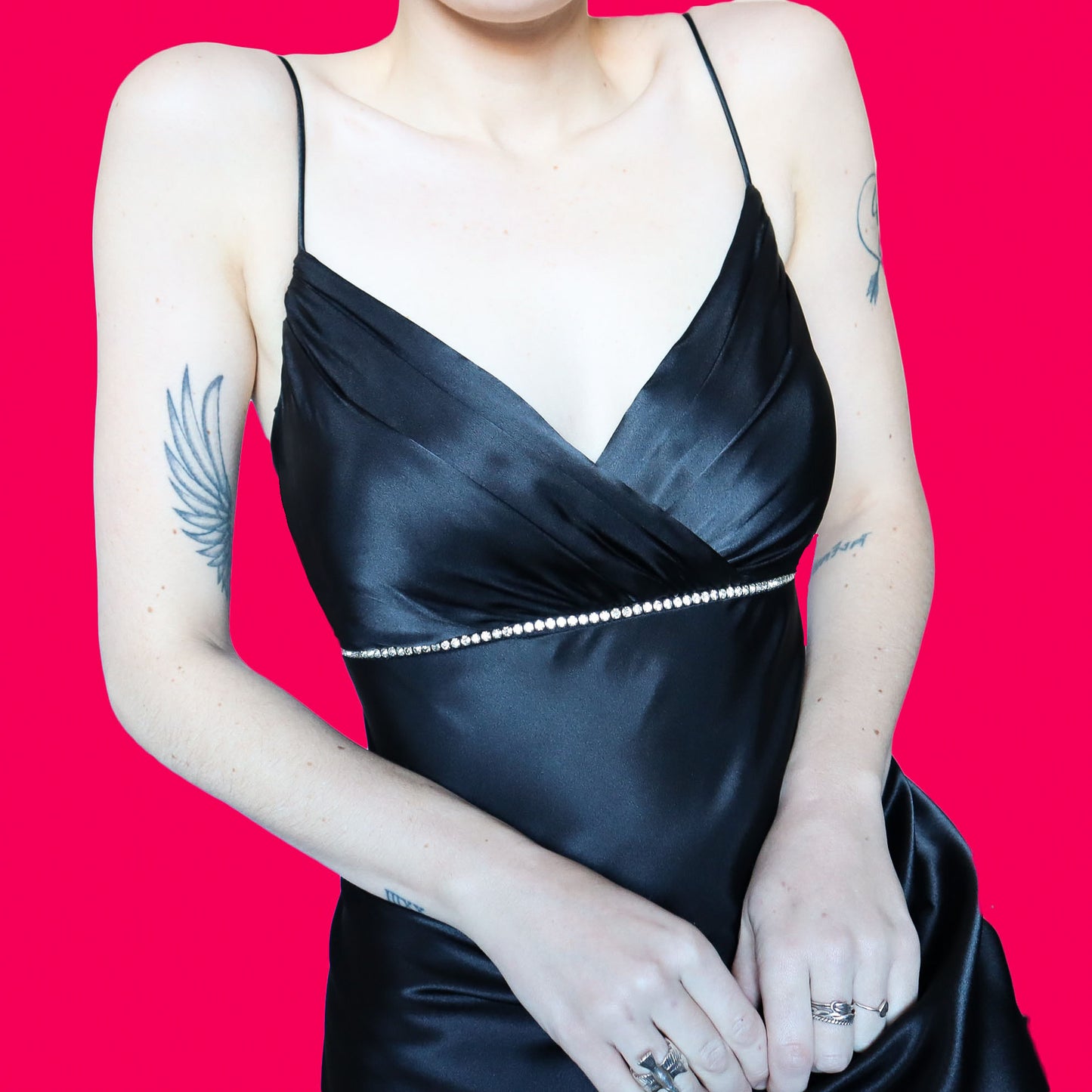 Silky black diamanté evening dress UK 14