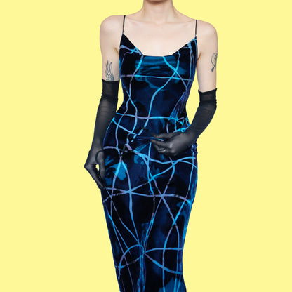 Blue silk blend velvet slip evening dress UK 10