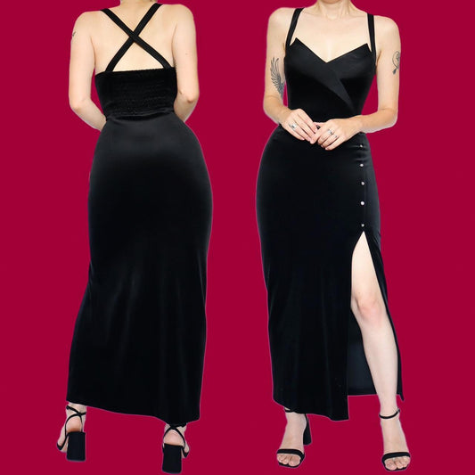 Chic black Frank Usher velvet stretch evening dress UK 14