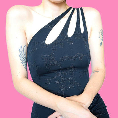 Black one shoulder stretch evening dress UK 12