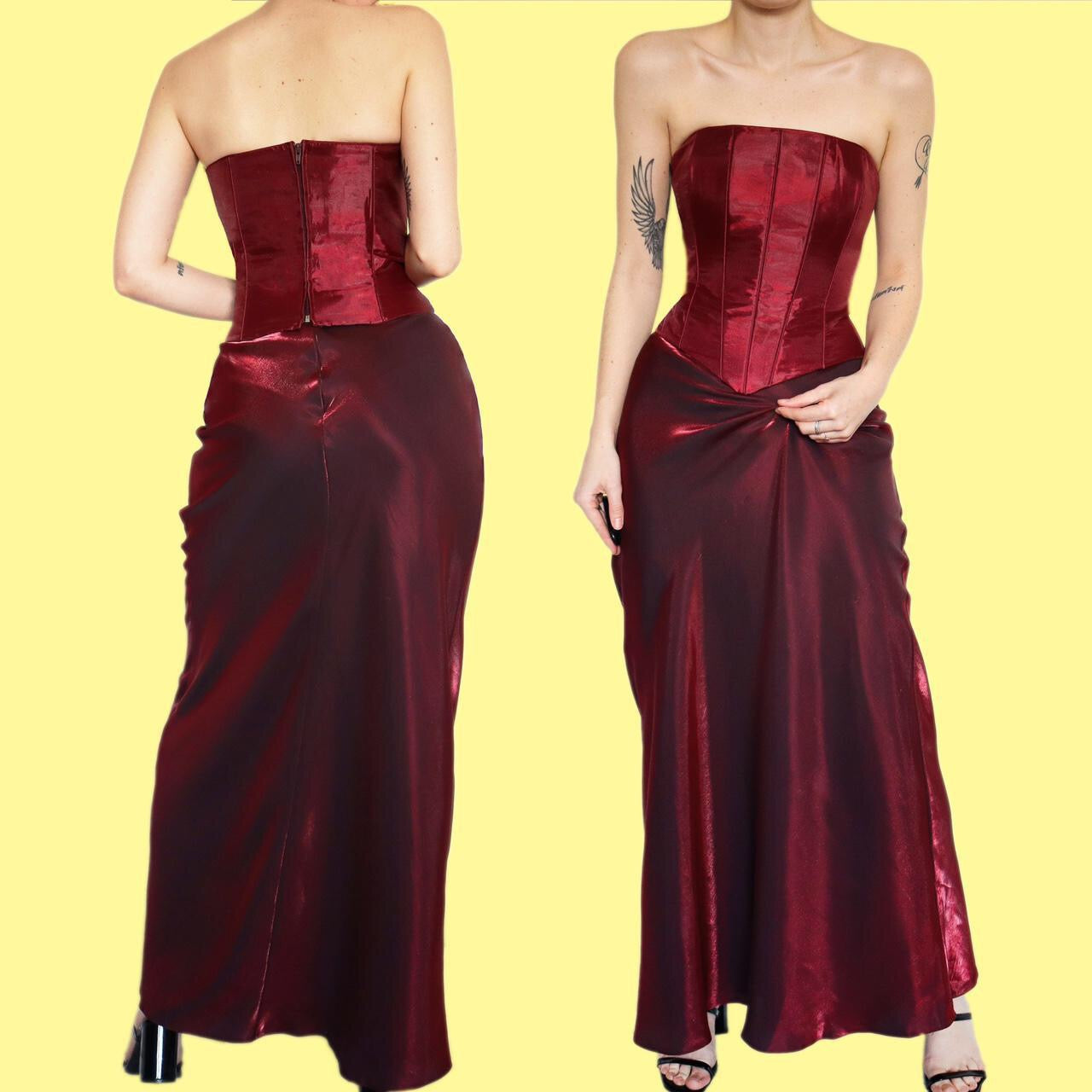 Beautiful YVE red silky 2 piece corset/skirt set UK 14
