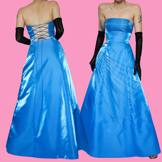 Bright blue strapless a line evening dress UK 10