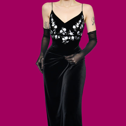Black velvet stretch evening dress UK 12