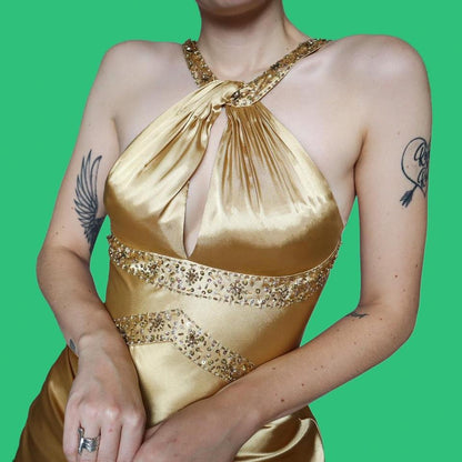 Gold Dave & Johnny satin evening dress UK 10