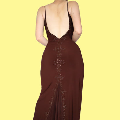 Brown stretch beaded open back evening dress UK 10