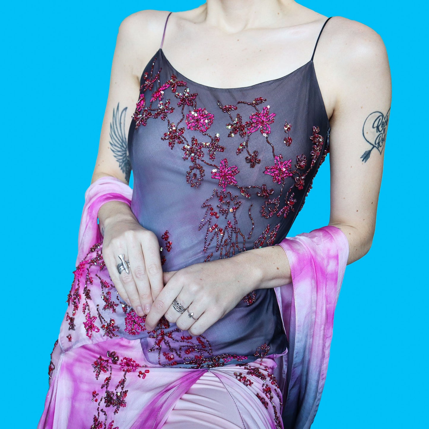 100% silk beaded YVE slip dress & shawl UK 10