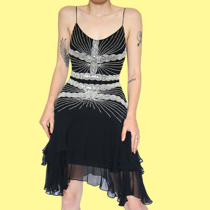 Beautiful 100% silk beaded flared mini dress UK 12