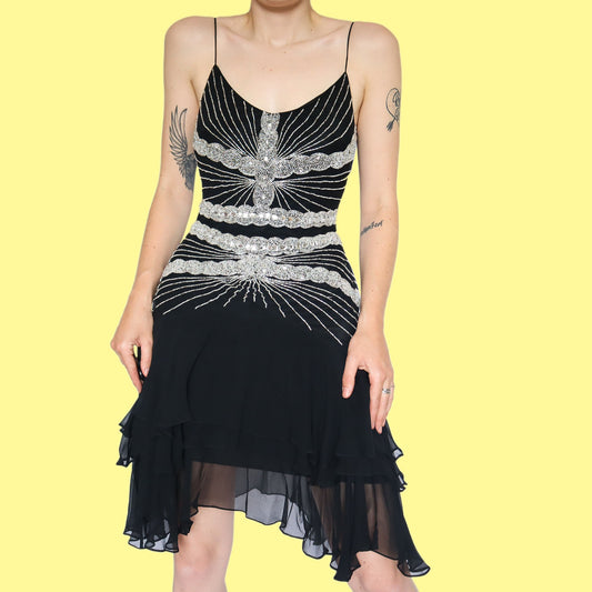 Beautiful 100% silk beaded flared mini dress UK 12