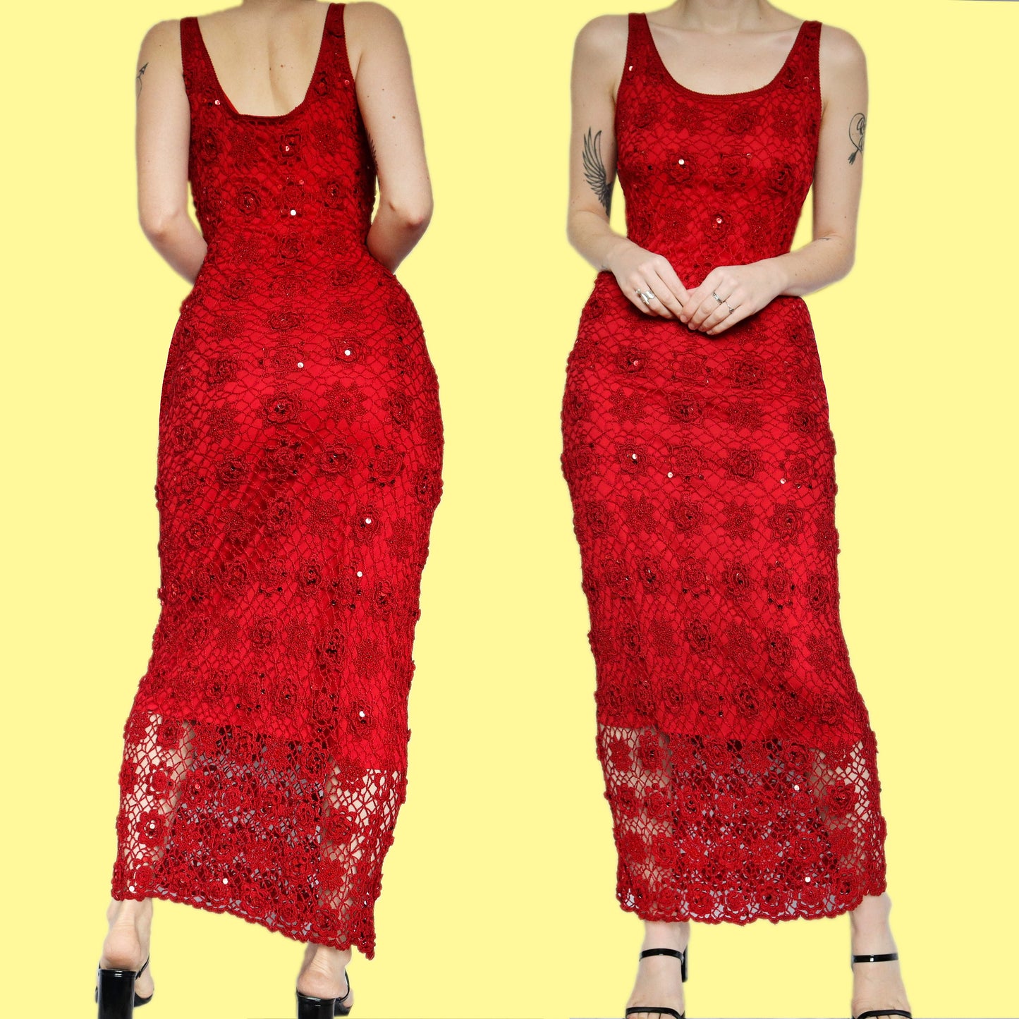 Stunning red crochet sequin stretch evening dress UK M