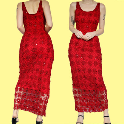 Stunning red crochet sequin stretch evening dress UK M