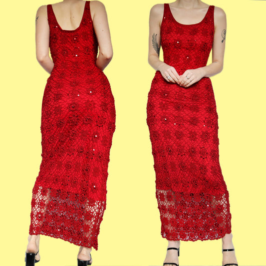 Stunning red crochet sequin stretch evening dress UK M